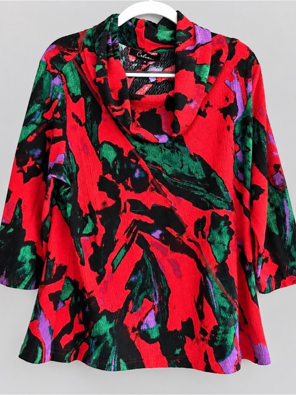 Caleesa Red Abstract Cowl Neck Blouse with Green, Black & Purple - 3/4 Sleeves